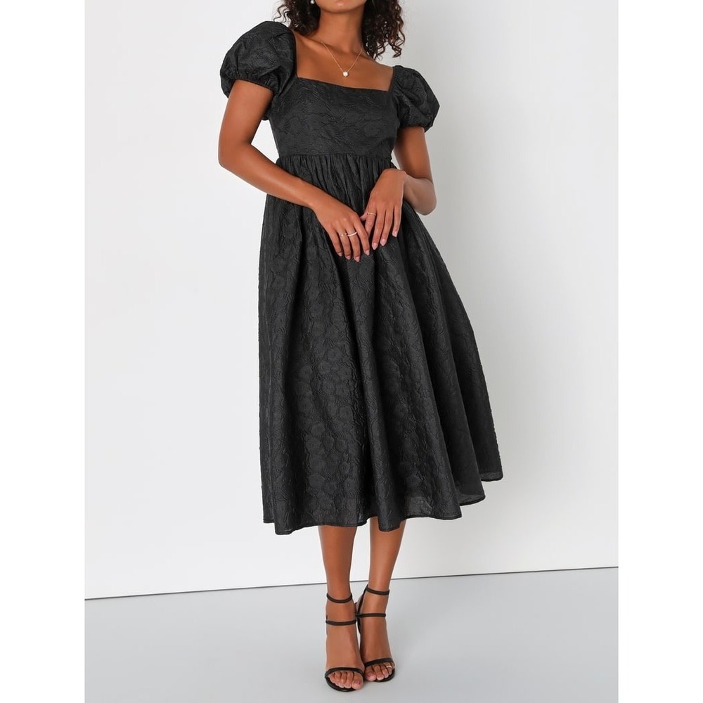 NWT Lulus Adorable Mood Black Floral Jacquard Puff Sleeve Babydoll Dress Large - Picture 3 of 10